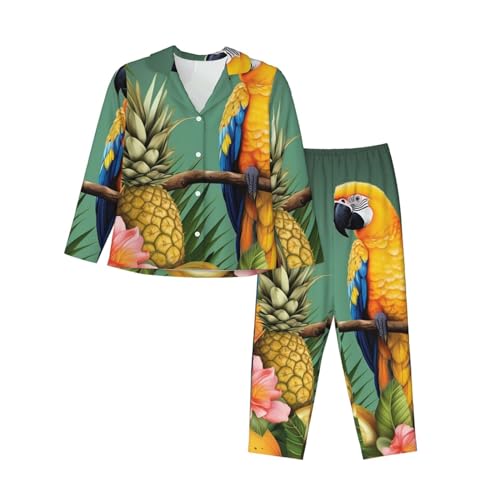 VducK Schlafanzug für Damen, Sommer-Pyjama-Set, Papagei, Ananas, Vogel, weich, Knopfleiste, langärmeliges Hemd und Pyjamahose, Lounge-Sets, S-XXL, Schwarz , M von VducK