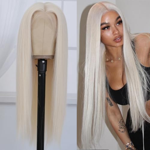 Veally Frontperücke aus synthetischer Spitze, blond, platinblond, einsatzbereit, 13 x 4 Hd ohne Klebstoff, Perücke vorne, gerade, für Damen, natürliches Aussehen, synthetisch Veally Frontperücke aus synthetischer Spitze, blond, platinblond, einsatzbereit, 13 x 4 Hd ohne Klebstoff, Perücke vorne, gerade, für Damen, natürliches Aussehen, synthetisch von Veally