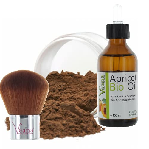 Mineral Make Up 9g + Premium BIO Aprikosenkernöl 100ml DE-Öko zertifiziert + Kabuki 20 Farbnuancen - für normale/trockene Haut - Nuance Chocolate von Veana