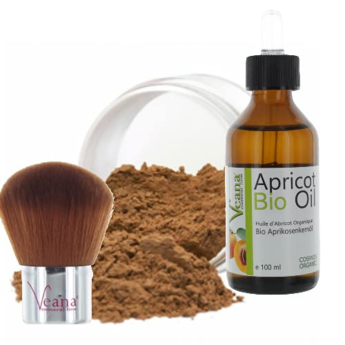 Mineral Make Up 9g + Premium BIO Aprikosenkernöl 100ml DE-Öko zertifiziert + Kabuki 20 Farbnuancen - für normale/trockene Haut - Nuance Dark Beige von Veana