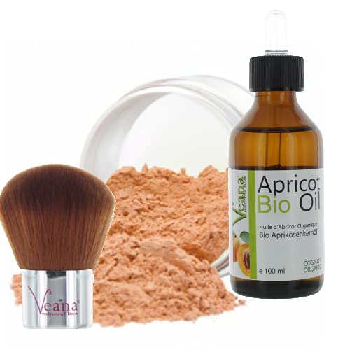 Mineral Make Up 9g + Premium BIO Aprikosenkernöl 100ml DE-Öko zertifiziert + Kabuki 20 Farbnuancen - für normale/trockene Haut - Nuance Natural Beige von Veana