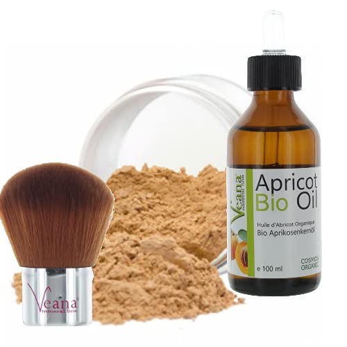 Mineral Make Up 9g + Premium BIO Aprikosenkernöl 100ml DE-Öko zertifiziert + Kabuki 20 Farbnuancen - für normale/trockene Haut - Nuance Nude von Veana