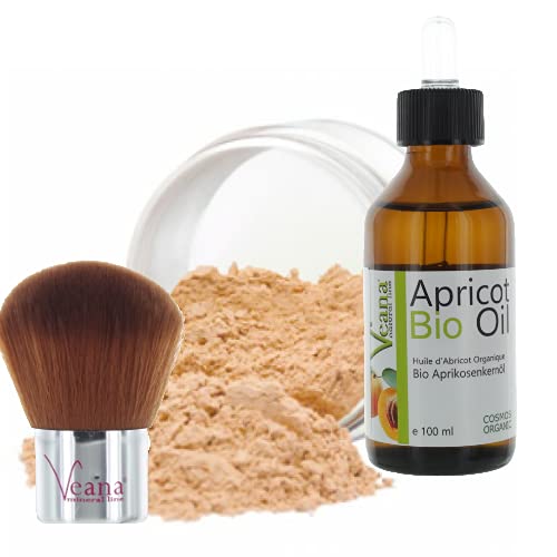 Mineral Make Up 9g + Premium BIO Aprikosenkernöl 100ml DE-Öko zertifiziert + Kabuki 20 Farbnuancen - für normale/trockene Haut - Nuance Soft Light von Veana