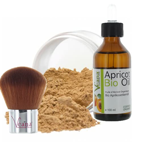 Mineral Make Up 9g + Premium BIO Aprikosenkernöl 100ml DE-Öko zertifiziert + Kabuki 20 Farbnuancen - für normale/trockene Haut - Nuance Warm Tan von Veana