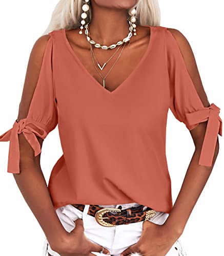 Veatzaer Damen Cold Shoulder Tops Kurzarm V-Ausschnitt Casual Loose Cutout Sommer Mode T-Shirts Bluse Shirts, Koralle, Mittel von Veatzaer