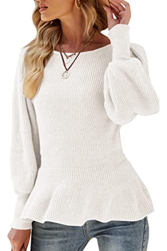 Damen-Pullover mit Puffärmeln, Schößchen, lässig, schmale Passform, Strickpullover, Weiss/opulenter Garten, X-Groß von Veatzaer