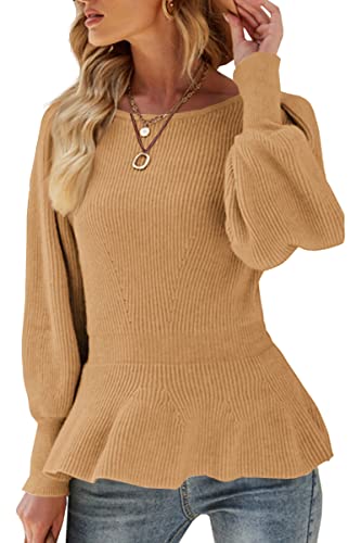 Veatzaer Damen Puffärmel Babydoll Pullover Winter Ripp Rundhals Langarm Strick Pullover Tops, hellbraun, Groß von Veatzaer
