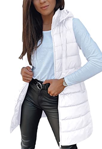 Veatzaer Damen Solide ärmellose Kapuze Rollkragen Daunenjacke Weste Winter Warm Midi Lange Puffer Jacke, Weiß, Small von Veatzaer