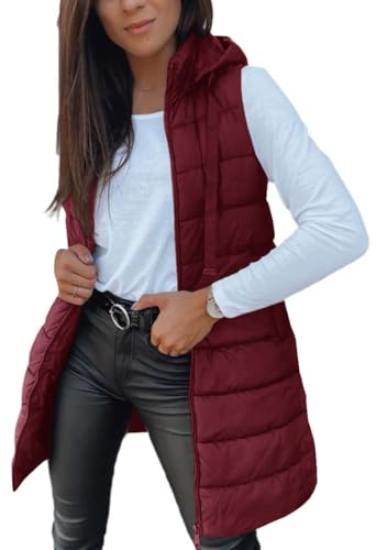 Veatzaer Langes Damenweste, einfarbig, ärmellos, Kapuze, Winter, Pufferweste, Oberbekleidung, Burgunder, M von Veatzaer