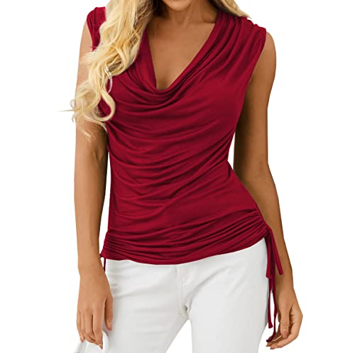 Veatzaer Frauen Wasserfallausschnitt Tank Tops Sommer geraffte ärmellose Casual Shirts Seite Raffung Baumwolle Tops, Rot/Ausflug, einfarbig (Getaway Solids), Groß von Veatzaer
