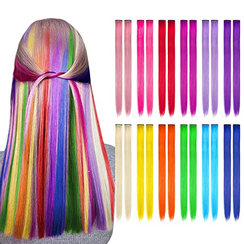 Vebetter Farbiger Haarverlängerung Clips, 24PCS Bunt Haarverlängerungs Clip Regenbogen Farbe Gerade Synthetisch Haarteil Party Highlights Bunte Clip in Haarverlängerungen für Kinder, Frauen, Mädchen. von Vebetter