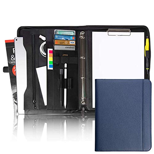 Vebon® Schreibmappe Ringbuch A4 Berlin I Reißverschluss + Klemmbrett I Konferenzmappe + Laptoptasche I extra Stauraum I Blau I Kunstleder von Vebon