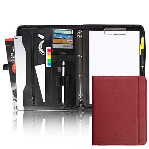 Vebon® Schreibmappe Ringbuch A4 "Berlin" I Reißverschluss + Klemmbrett I Konferenzmappe + Laptoptasche I extra Stauraum I Rot I Kunstleder von Vebon
