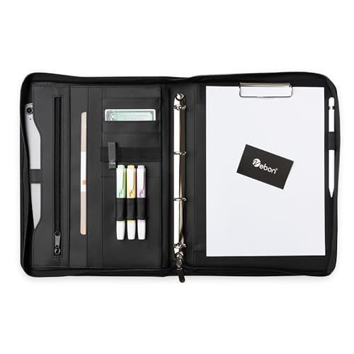 Vebon® Schreibmappe Ringbuch A4 Berlin I Reißverschluss + Klemmbrett I Konferenzmappe + Laptoptasche I extra Stauraum I Schwarz I Kunstleder von Vebon