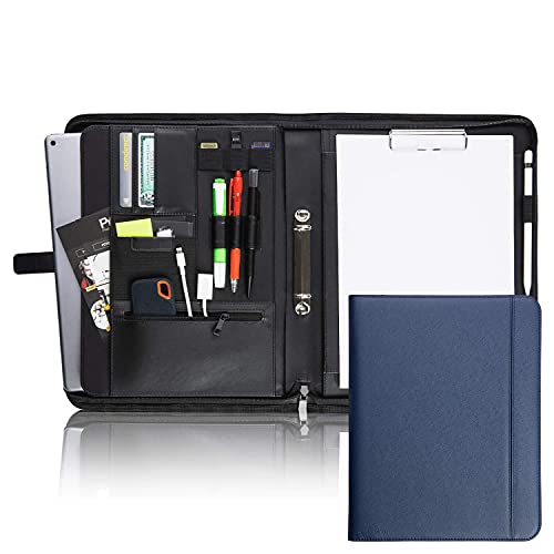 Vebon® Schreibmappe Ringbuch A4"Paris" I Reißverschluss + Klemmbrett I Konferenzmappe + Laptoptasche I extra Stauraum I Kunstleder I Blau von Vebon