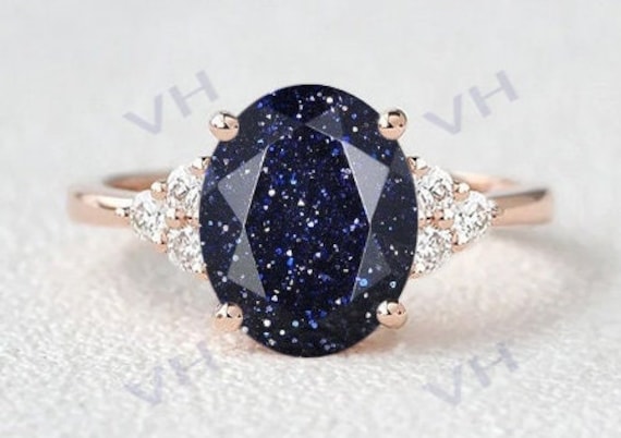 2.8Ct Vintage Art Deco Blauer Sandstein Verlobungsring Galaxy Blau Ehering 14K Rose Gold Braut Jahrestag Geschenk von VectorHarbour