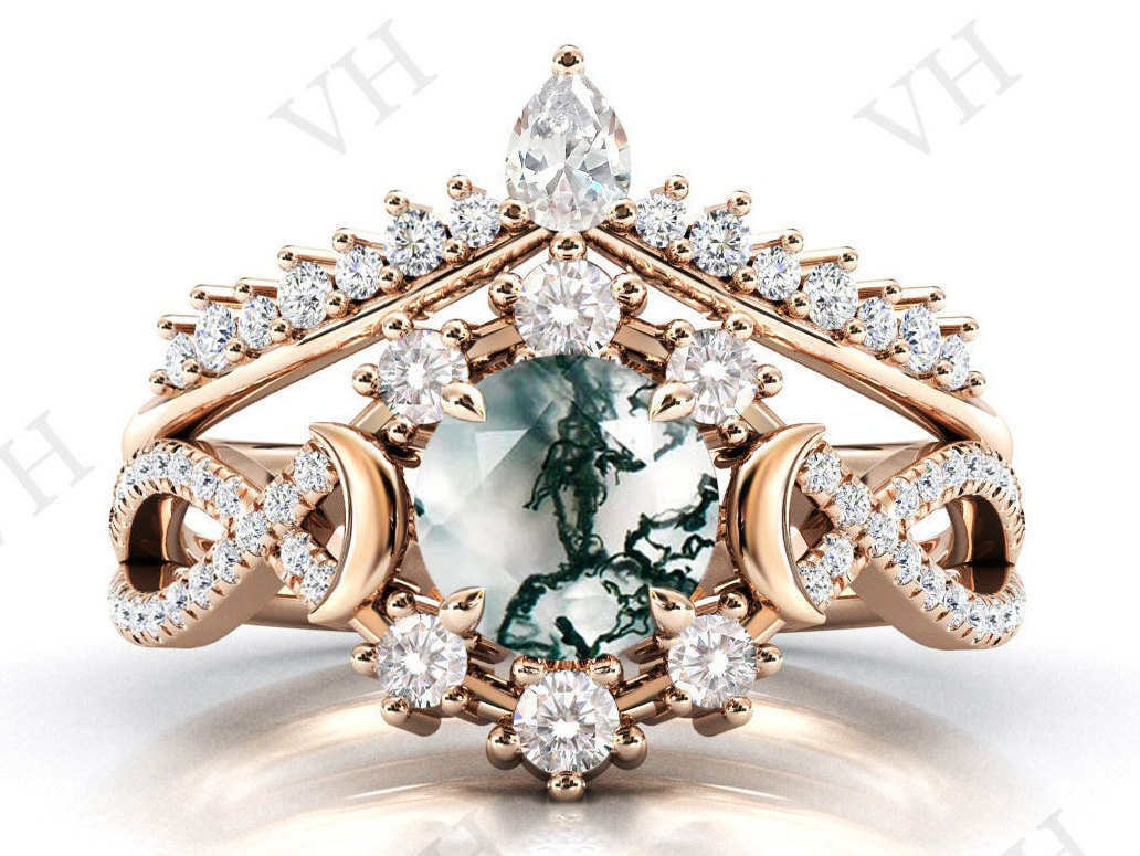 Mond Meines Lebens Grüner Moosachat Verlobungsring Set Rosegold Ehering Art Deco Braut Jahrestag Ring Für Frauen von VectorHarbour