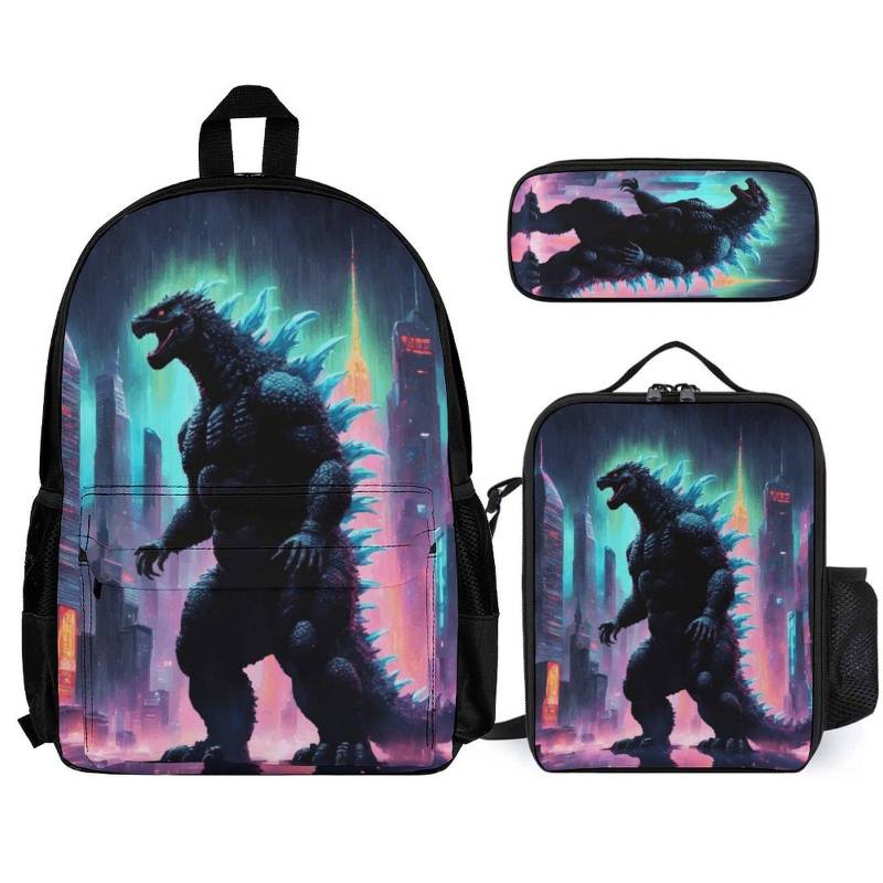 Godzilla Schulrucksack Set Rucksack Lunch Bag & Federmäppchen von VectorMerchShop