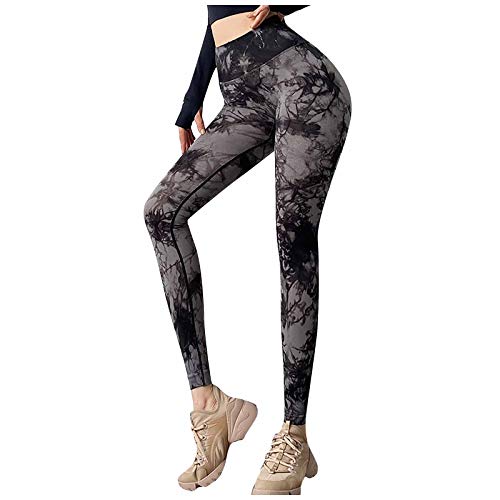 Vectry Damen Sport Leggings Tie Dye Print High Waist Sporthose Scrunch Lifting Bunt Sportleggings Bauchkontrolle Fitnesshose Skinny Stretch Kompressions Yogahose Jogginghose Schwarz S von Vectry Damen