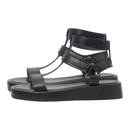 Vectry Damen Casual Side Hollow Gürtelschnalle Flache römische Schuhe Sommermode Damen Sandalen Schuhe Damen 39 Blau (Black, 39) von Vectry