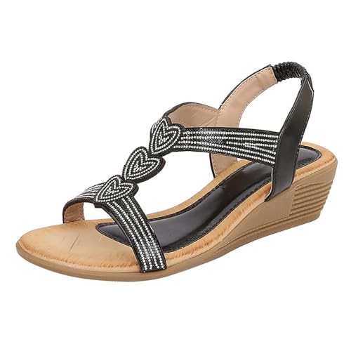 Vectry Damen-Römersandalen mit Strasssteinen, Sommer-Ethno-Stil, offener Zehenbereich, dicker Boden, Slope-Absatz, Damenschuhe Damen Schuhe Schwarz Flach (Black, 39) von Vectry