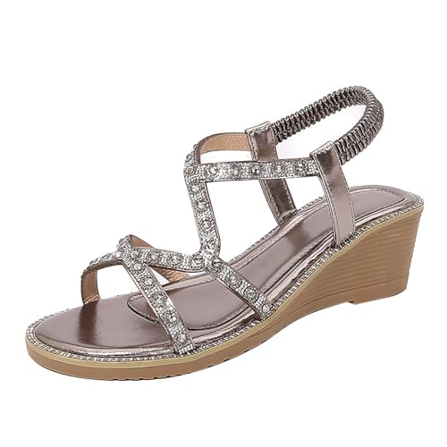 Vectry Damen-Römersandalen mit Strasssteinen, Sommer-Ethno-Stil, offener Zehenbereich, dicker Boden, Slope-Absatz, Damenschuhe Damenschuhe 43 Ballerina (Grey, 37) von Vectry