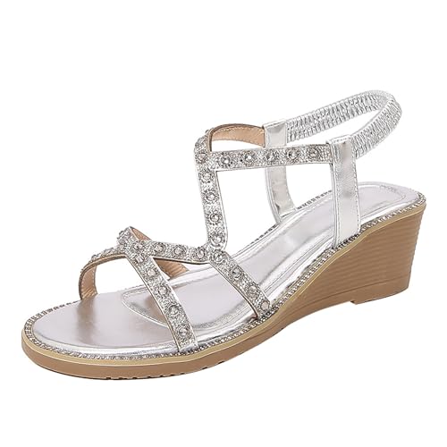 Vectry Damen-Römersandalen mit Strasssteinen, Sommer-Ethno-Stil, offener Zehenbereich, dicker Boden, Slope-Absatz, Damenschuhe Damenschuhe 43 Ballerina (Silver, 36) von Vectry