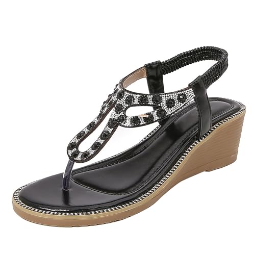 Vectry Damen-Römersandalen mit Strasssteinen, Sommer-Ethno-Stil, offener Zehenbereich, dicker Boden, Slope-Absatz, Damenschuhe Damenschuhe Sommerschuhe Slipper (Black, 42) von Vectry