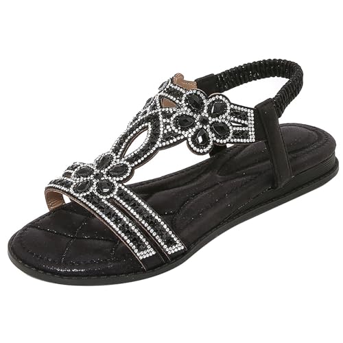 Vectry Damen-Römersandalen mit Strasssteinen, Sommer-Ethno-Stil, offener Zehenbereich, dicker Boden, Slope-Absatz, Damenschuhe Schuhe Schuhe Damen (Black, 39) von Vectry