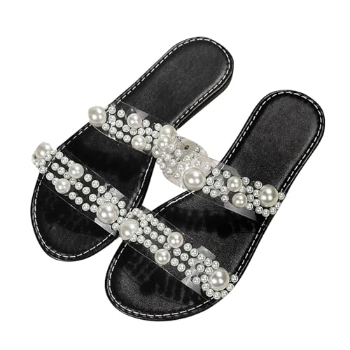 Vectry Damen Sandalen transparente Gurt Pearl Dekoration lässige klassische flache Schuhe Seaside Sommerruhrschuhe lässig schöne Mädchen Sandalen Sandalen (Black, 37) von Vectry