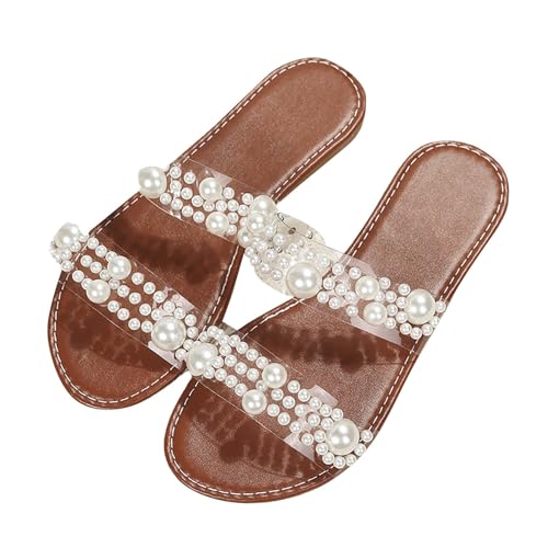 Vectry Damen Sandalen transparente Gurt Pearl Dekoration lässige klassische flache Schuhe Seaside Sommerruhrschuhe lässig schöne Mädchen Sandalen Sandalen (Brown, 37) von Vectry