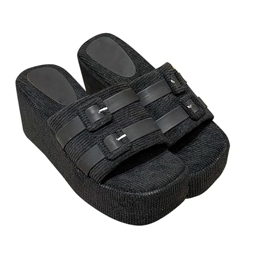 Vectry Damen Sommer-Hausschuhe mit quadratischem, dicker Sohle, Freizeit-Resort-Strandhausschuhen und erhöhten Sandalen Damen Schuhe 36 (Black, 37) von Vectry