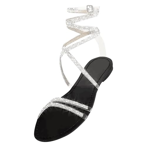 Vectry Damen-Sommer-Strasssandalen mit flachem Boden, Diamantriemen und Bindebändern Blaue Schuhe Damen Mit Absatz (Black, 40) von Vectry