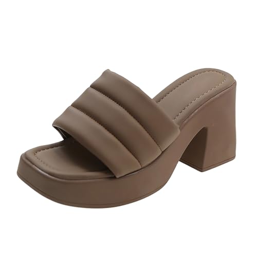 Vectry Damen-Sommersandalen, schwarze High Heels, klassische, lässige Mode-Hausschuhe, offene Zehen, quadratische Zehen, dicke Sohle, modische Hausschuhe (Khaki, 40) von Vectry