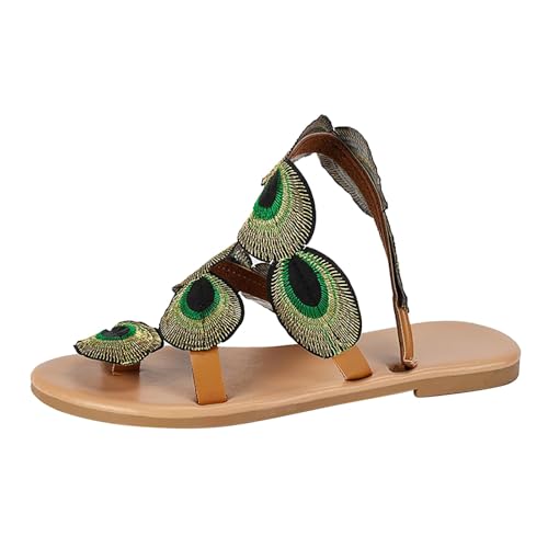 Vectry Damen Sommersandalen gefälschte Pfauen Feder Stricken flache Schuhe bequeme Klassiker Mode Girl Posamian Stil Römische Sandalen Sandalen Sandalen Sandalen (Green, 38) von Vectry