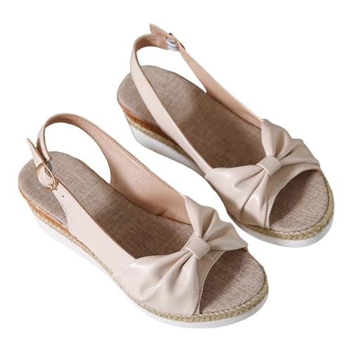 Vectry Damen Sommersandalen römisch Stil Bow -Side Bow von Bögen dekorieren Baumwolle, wäsche dicke Bodenhänge und Mode Freizeit klassische tägliche Fischmundschuhe (Beige, 38) von Vectry