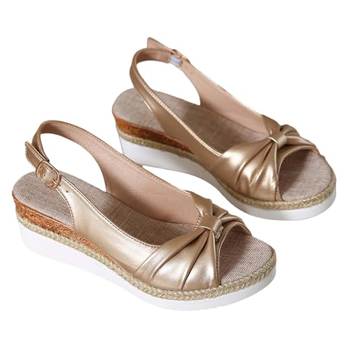 Vectry Damen Sommersandalen römisch Stil Bow -Side Bow von Bögen dekorieren Baumwolle, wäsche dicke Bodenhänge und Mode Freizeit klassische tägliche Fischmundschuhe (Gold, 38) von Vectry