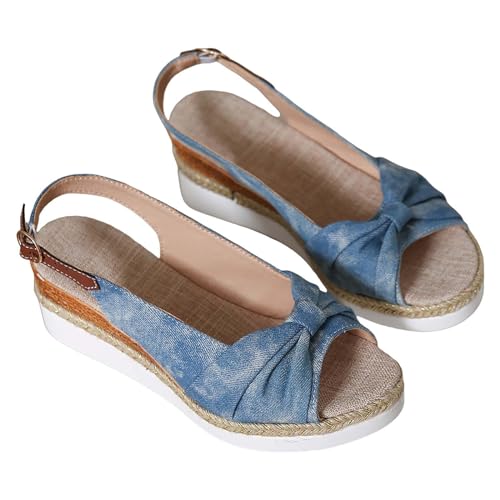 Vectry Damen Sommersandalen römisch Stil Bow -Side Bow von Bögen dekorieren Baumwolle, wäsche dicke Bodenhänge und Mode Freizeit klassische tägliche Fischmundschuhe (Sky Blue, 39) von Vectry