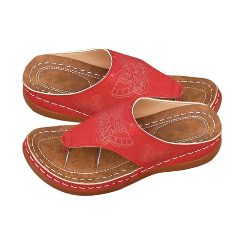Vectry Damen Strand Slope Heel Clip Toe Hausschuhe Hohl Casual Hausschuhe Flache Schuhe Vintage Sandalen Rolling Soft Damenschuhe (Red, 41) von Vectry