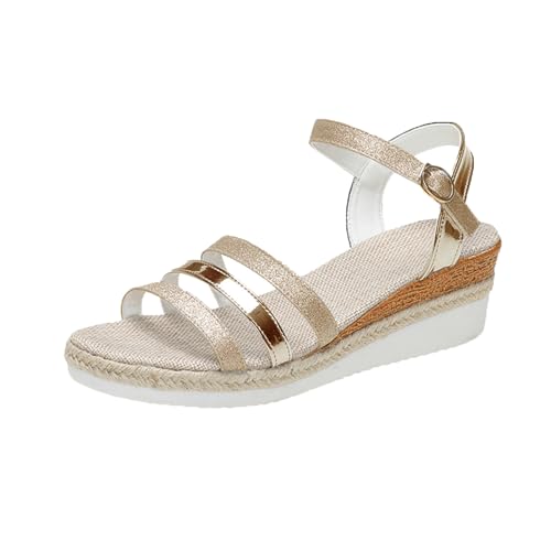 Vectry Frauen Casual Seite Hohl Gürtel Schnalle Slope Bottom Römische Schuhe Sommer Sandalen Schuhe Damen Plateau (Gold, 40) von Vectry