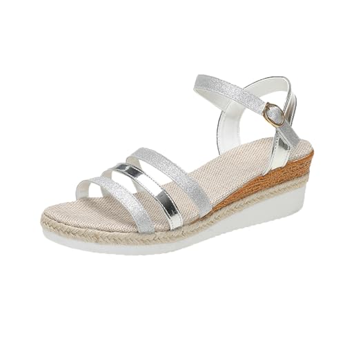 Vectry Frauen Casual Seite Hohl Gürtel Schnalle Slope Bottom Römische Schuhe Sommer Sandalen Schuhe Damen Plateau (Silver, 36) von Vectry