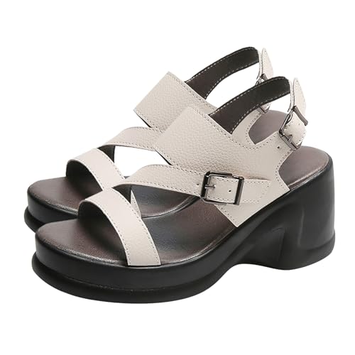 Vectry Sommersandalen für Damen, Keil, Fischmaul, Retro-Stil, dicke Absätze, High Heels, schwarz, rutschfest, Erhöhung, High Heels, 2024, Sommersandalen für Damen (White, 37) von Vectry