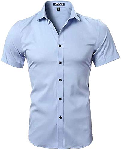 Vecys Herrenhemd,Bügelfrei,kurzärmlig,Slim Fit,Einfarbig,Casual,Business,Knitterfrei,Herrenbluse,aus Bambusfaser,Blau,M von Vecys