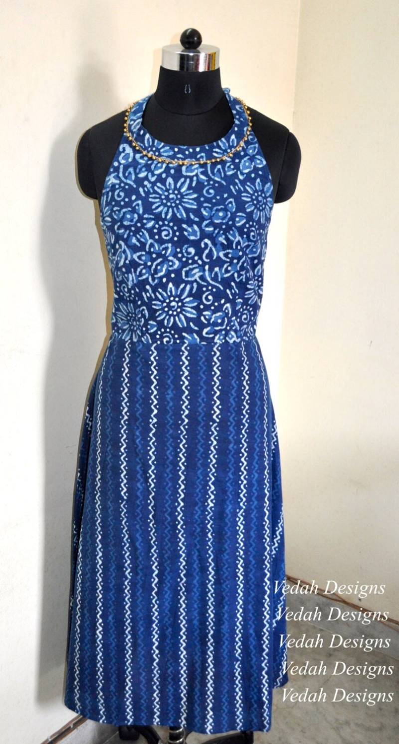 Indigo Block Print Kleid Baumwolle Boho Frauen Neckholder von VedahDesigns
