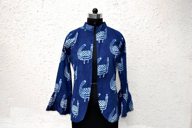 Wählen Stoff Aus Dem Shop Maßgeschneidert Indigo Block Print Jacke in Atmungsaktive Baumwollgewebe von VedahDesigns