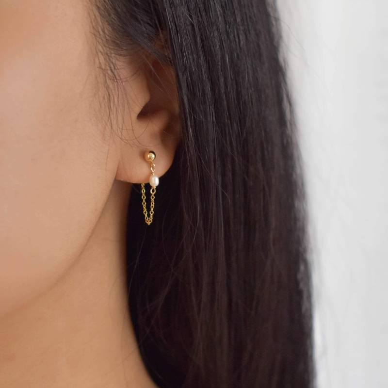 Perlenkette Ohrjacken - Kette Ohrringe, Vorderseite Rückseite Gold Filled Gold Kettenohrringe, Zierliche Ohrringe |Gfe00037 von Vedern