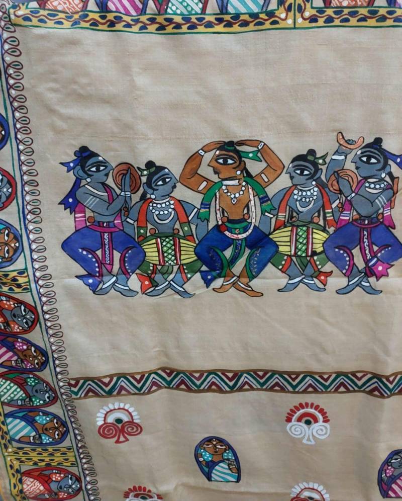 Handbemalter Tusshar Seide Saree Mit Farbenfrohen Jamini Roy Design N Handbemaltem Blusenstück, Gelber Paspelierung von VedicFashion