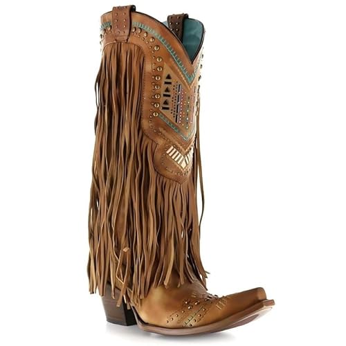 Veelau Meieer Damen Cowboy Stiefel Westernstiefel mit Stickerei Fransen und Nieten Blockabsatz Retro Western-Look Braun 41 EU von Veelau Meieer