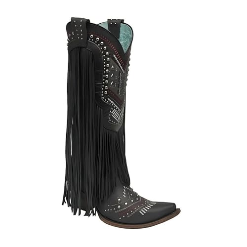 Veelau Meieer Damen Cowboy Stiefel Westernstiefel mit Stickerei Fransen und Nieten Blockabsatz Retro Western-Look Schwarz 36 EU von Veelau Meieer