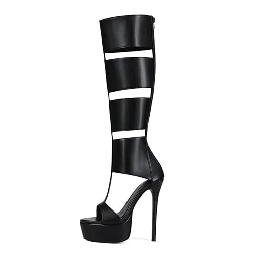 Veelau Meieer Damen Gladiator Sandalen Kniehohe Plateau Stiefel Stiletto High Heels Sommerstiefel mit Reißverschluss Schwarz 45 EU von Veelau Meieer
